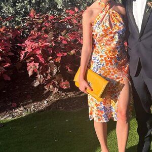 Lulus - Bold Presence Orange Multi Floral Satin Halter Midi Dress - XS